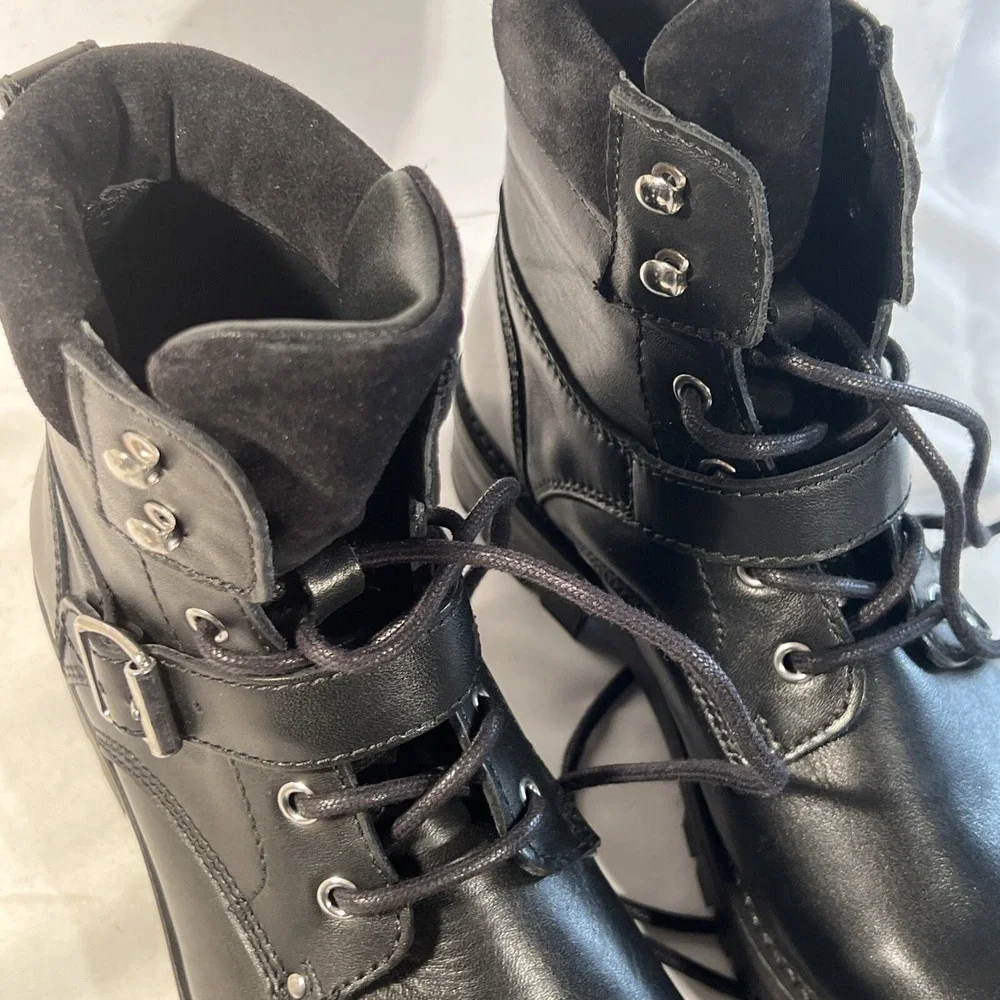 NIB‎ ALLSAINTS Paulina Black Leather Moto Biker Chunky Boots Lace Up Size 7 US